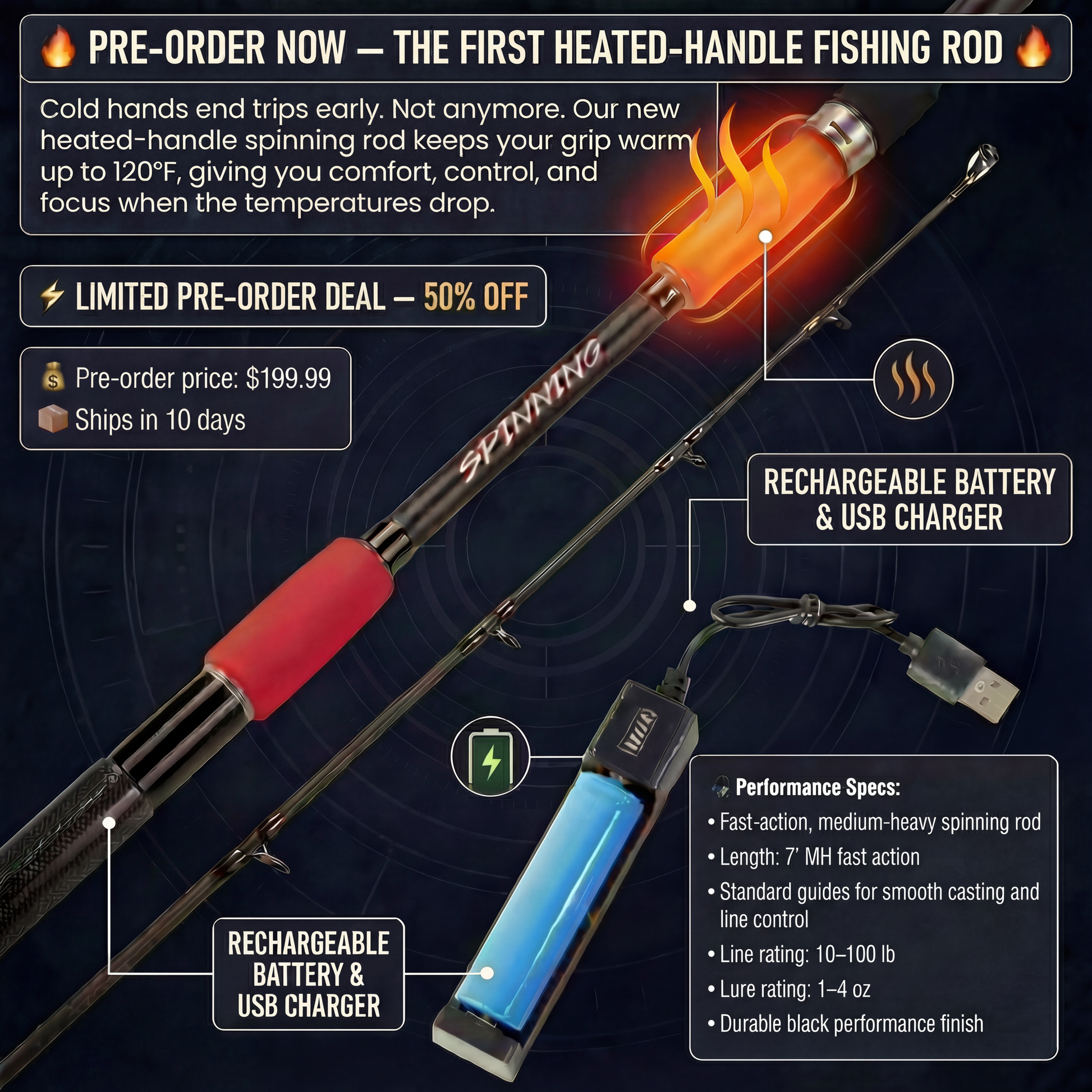 battery heated fishing pole Ocean Series Heated Handle Rod